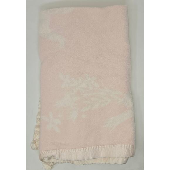 Vintage Reversible Pink Satin Edge Baby Blanket Floral Birds 42 x 28 Fleece - Picture 4 of 13